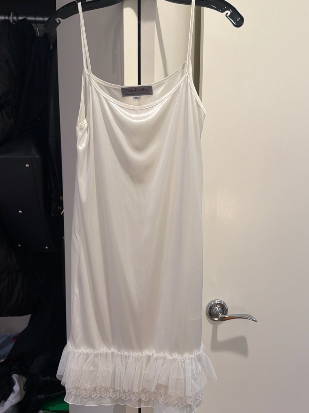 Dear Dorothy White Satin Slip with Ruffle Hem